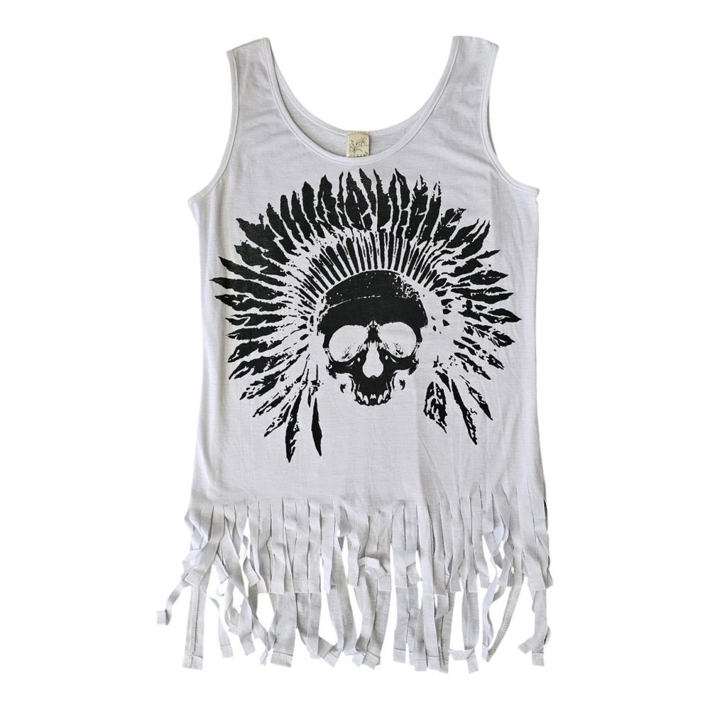 Edgy Skull with Feather Headdress Fringe Tank Top - White